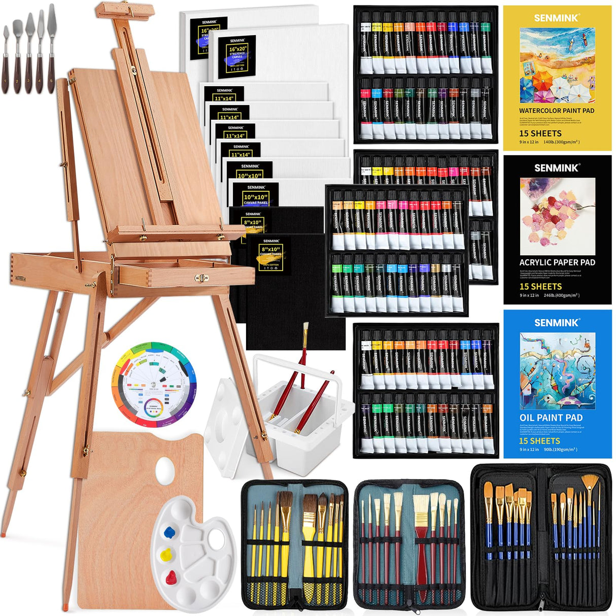 196Pcs Deluxe Artist Painting Set with French Easel, 48 Colors Acrylic & Oil Paints, 24 Colors Watercolor Paints, Art Paint Supplies for Artists, Beginner & Adults Senmink
