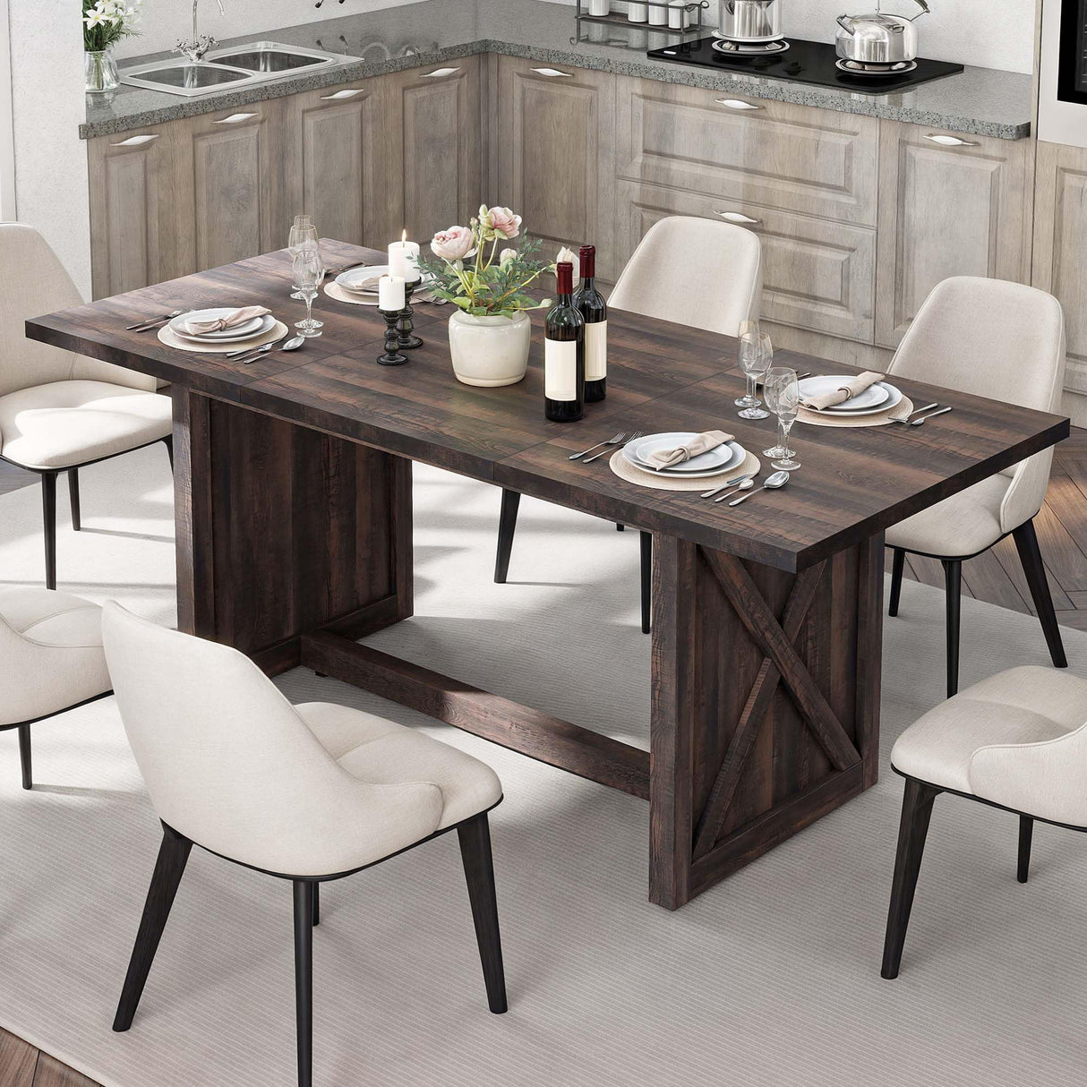 DWVO Farmhouse Large Dining Table for 6-8 People, 70.8 Inch Rectangular Wood Dining Table, Rustic Kitchen Dinner Table with X Solid Legs for Dining Room, Oak Grey DWVO