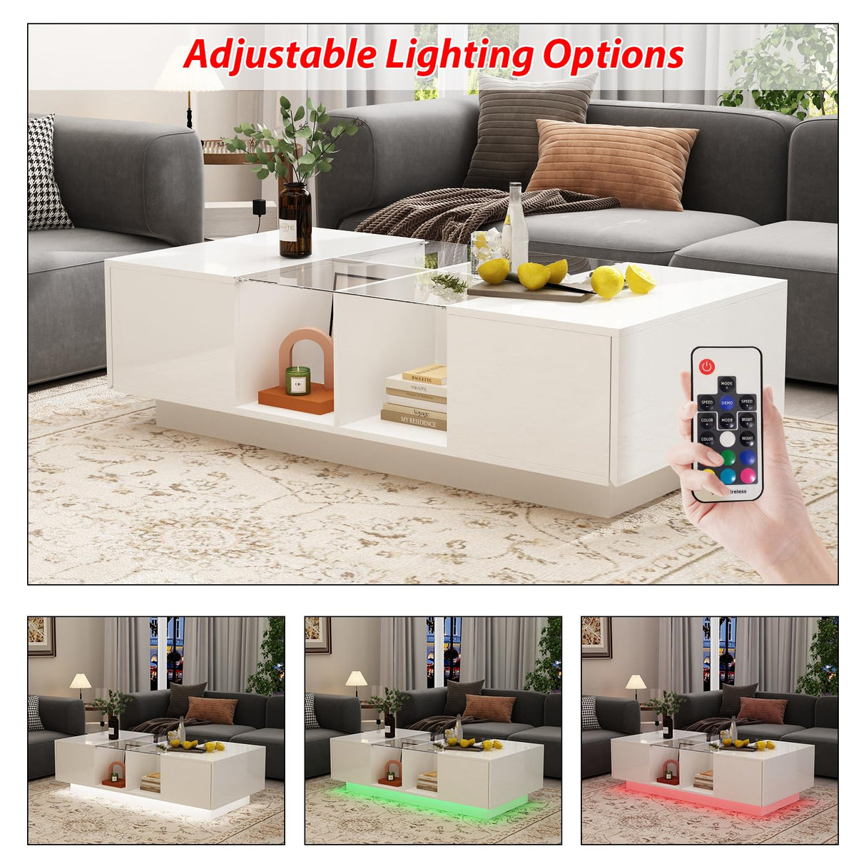 ECACAD Modern LED Coffee Table with Drawers & Open Compartments, Rectangle Coffee Center Table with Glass Top for Living Room, Bedroom, White (47.4" W x 23.6" D x 13.9" H) ECACAD