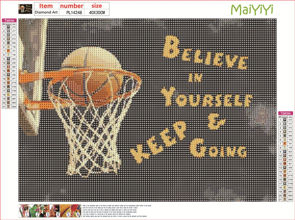 MaiYiYi Basketball Diamond Painting Dots Kit, 5D Full Round Diamond Painting Kit Believe in Yourself and Keep Going Diamond Art Basketball Hoop Wall Decor for Adult Beginners (30X40 CM) MaiYiYi