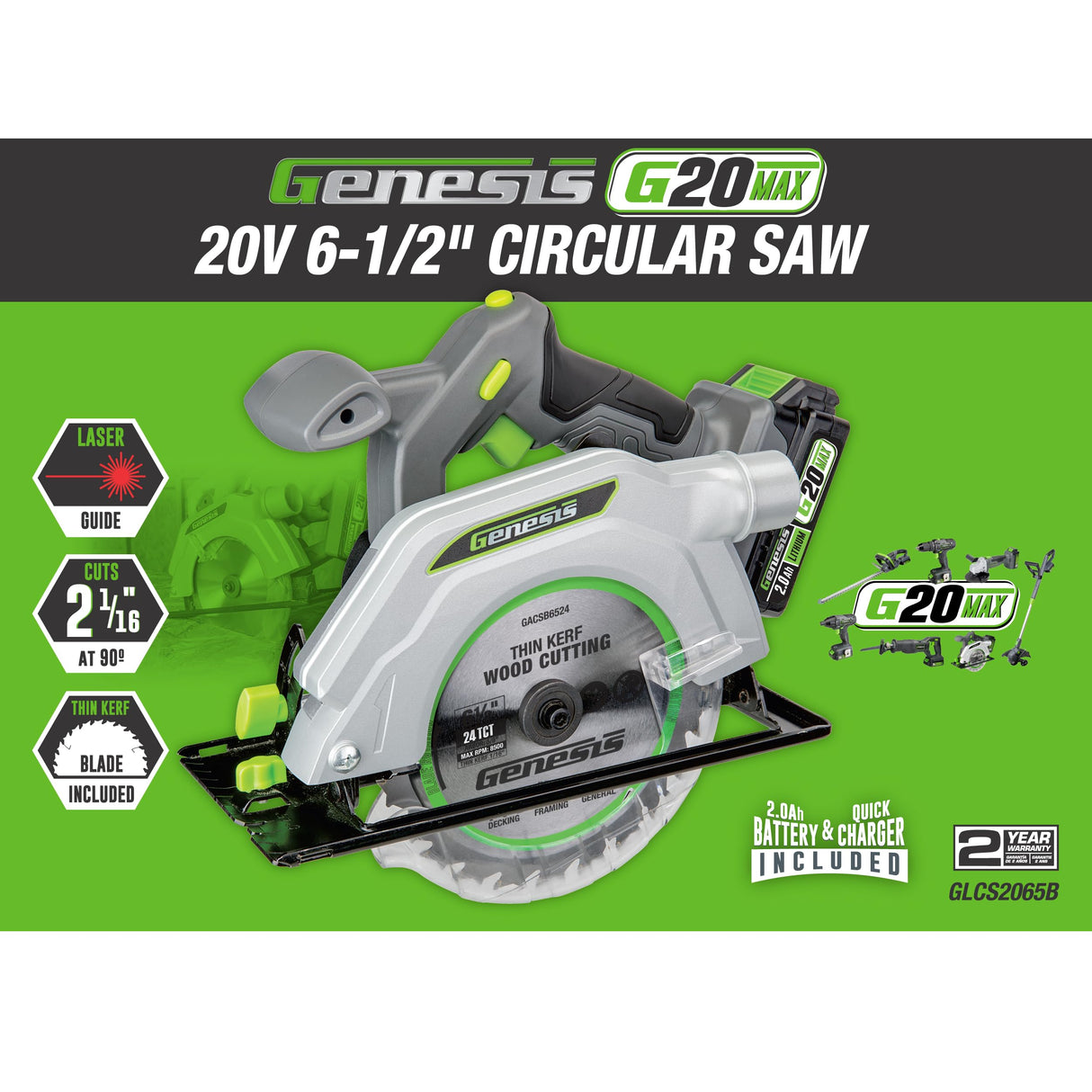 Genesis G20MAX 20V Cordless Circular Saw 6-1/2 inch with Laser & LED Light, Includes 24TCT thin-kerf blade, 2.0Ah Battery and Charger, 2 Year Warranty (GLCS2065B) Genesis