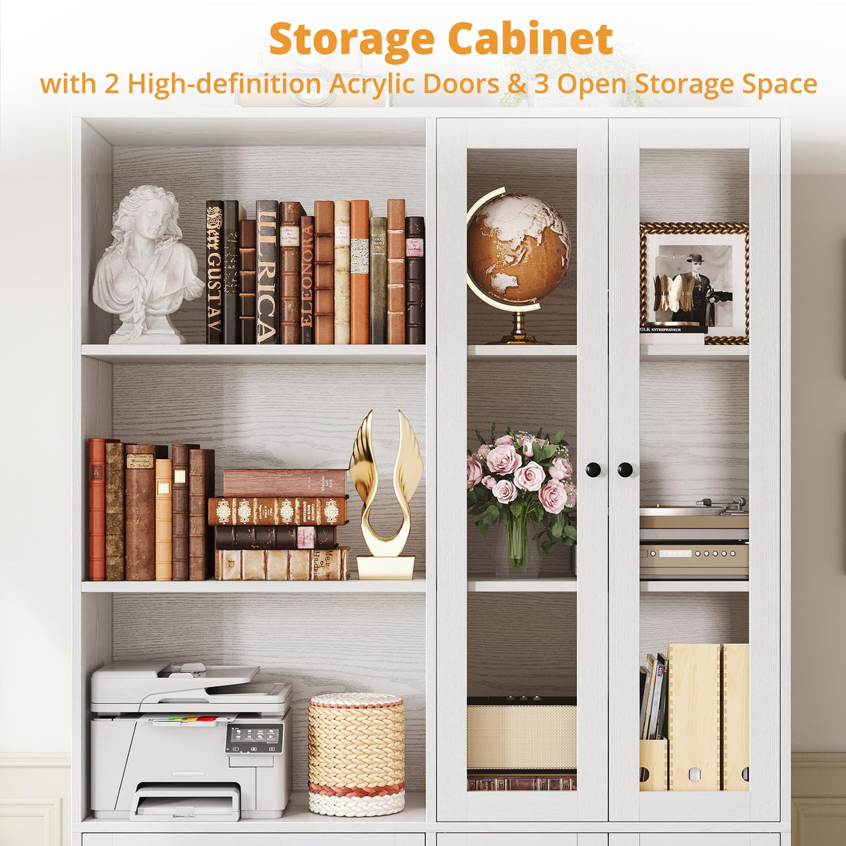 IRONCK Bookshelf with Drawers, 70.63 inch Tall Bookcase with Farmhouse Doors, 6 Tiers Book Shelf with Acrylic Doors, Bookshelves and Bookcases for Home Office, Living Room, Bedroom, White IRONCK