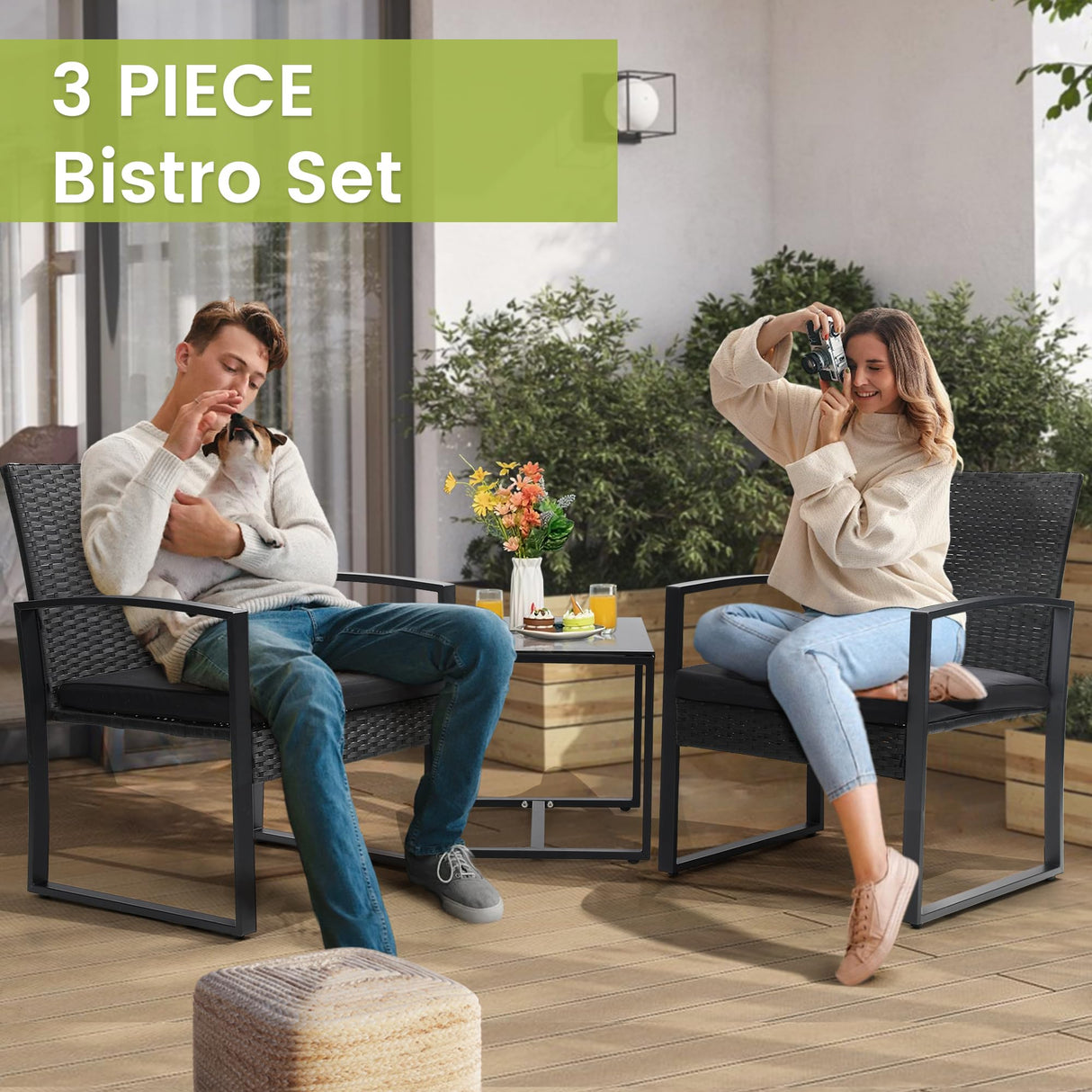 Murago 3 Piece Wicker Patio Bistro Set, Rattan Conversation Set with Coffee Table, for Balcony, Porch, Garden, Yard, Poolside, Black Frame with Black Cushion Murago