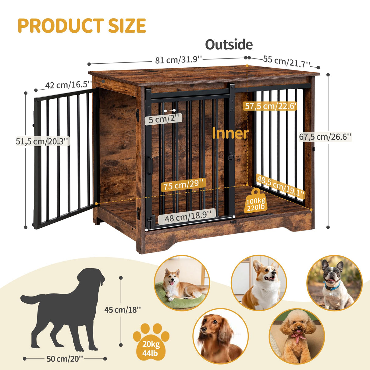 Hzuaneri Dog Crate Furniture, 32" Double Door Dog Crate with Barn Door, Dog Kennel Indoor, End Side Table Wooden Dog Crate for Small Medium Large Dog, Anti-Chew Anti-Escape, Rustic Brown DFC83601B Hzuaneri