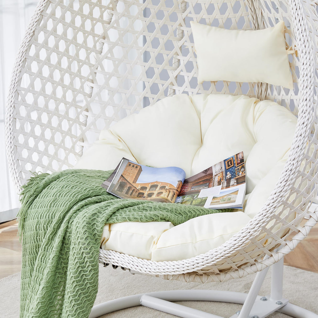 Egg Chair Indoor, Hanging Egg Chair with Stand, Rattan Wicker Swing Chair with Cushions, Swinging Chair for Bedroom Outdoor Patio Balcony Backyard Heavy Duty 350LBS,White Deolme