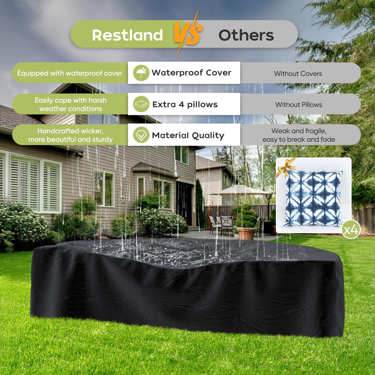 Restland Outdoor Half Moon Patio Furniture Set with Fire Pit Table, Grey Rattan Curved Patio Sectional Sofa, Wicker Conversation Set Restland