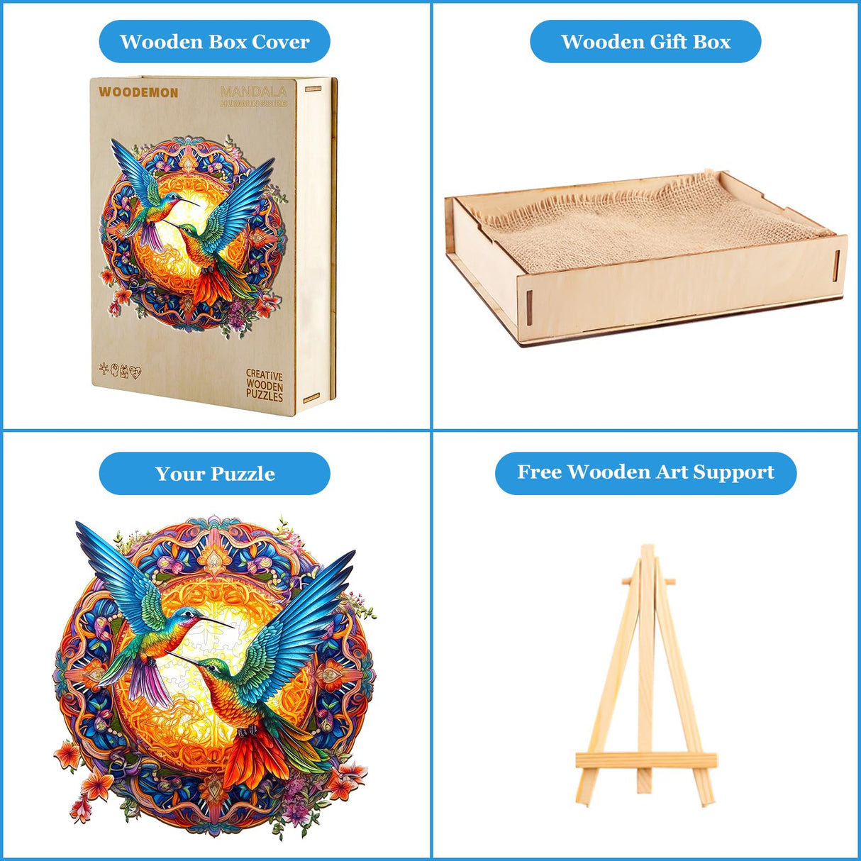 Woodemon Wooden Jigsaw Puzzles, Mandala Hummingbirds (200pcs-M-11.8 * 11.8in) Wooden Puzzles for Adults Kids, Unique Shape Animal Wood Puzzles Adults Christmas Puzzles Xmas Birthday Gifts Woodemon