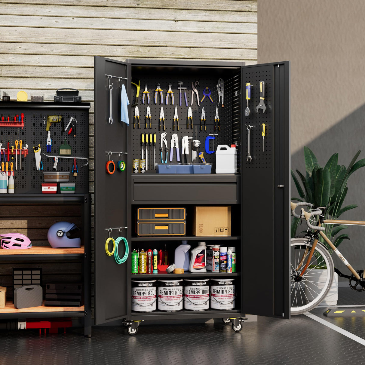 Reemoon 71" H Metal Garage Storage Cabinet with Wheels and Doors,Rolling Tool Storage Cabinet with Pegboard and Drawer for Garage Warehouse Home,Required Assembly,Black Reemoon