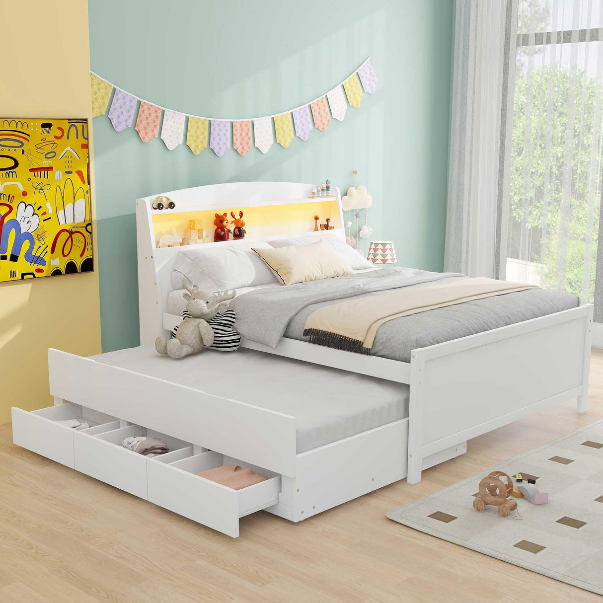 Harper & Bright Designs White Full Size Bed with Trundle, LED Bookcase Headboard and Storage Drawers Harper & Bright Designs