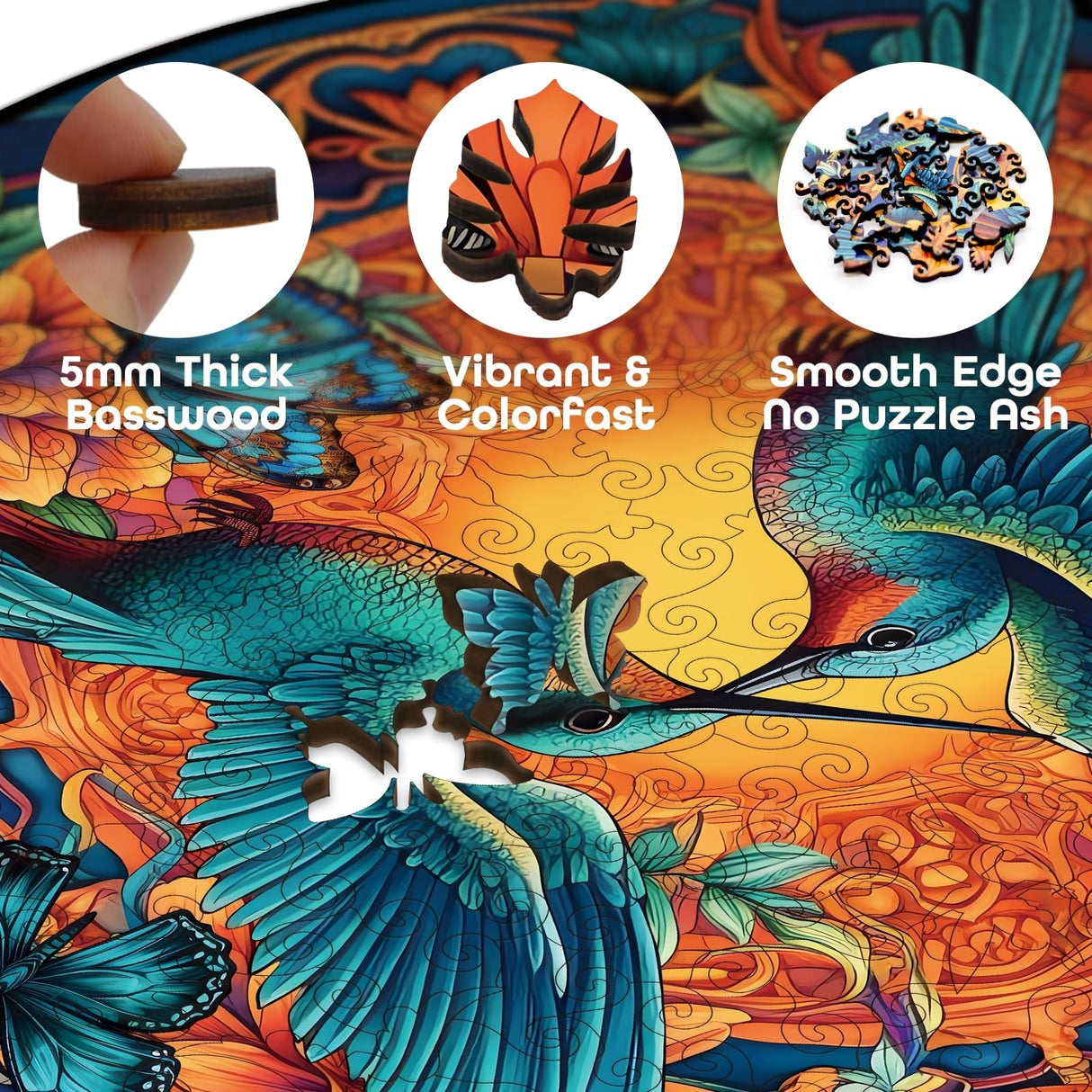 Mandala Hummingbird Wooden Puzzles, Bird Hard Jigsaw Puzzles for Adults, Gradient Flower Wood Puzzle BBOLDIN