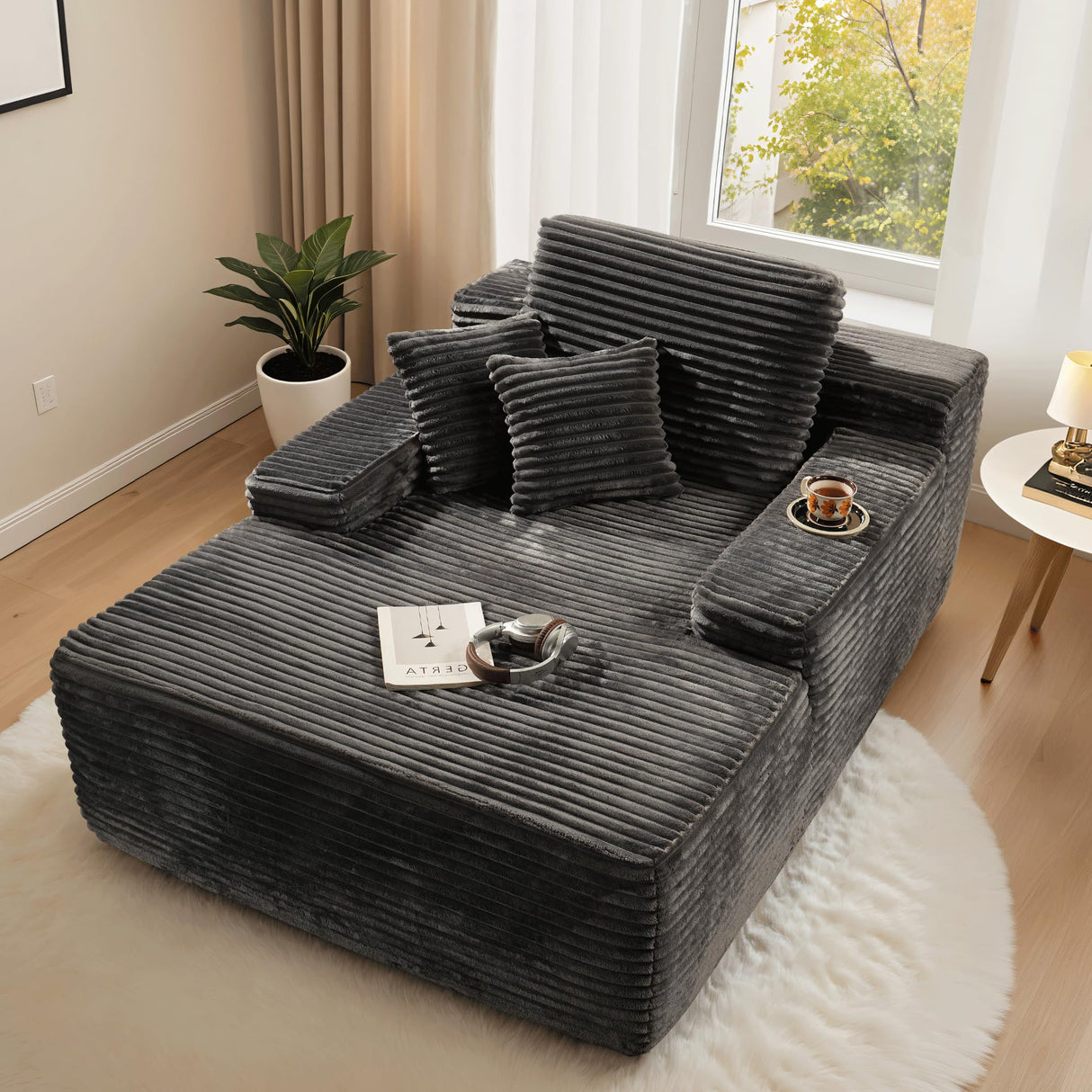 ovios 67''x48'' Chaise Lounge Chair Indoor, Upholstered Sofa Bed with 2 Throw Pillows and Armrests, Comfy Fluffy Plush Oversized Sleeper Couch for Living Room, Grey ovios