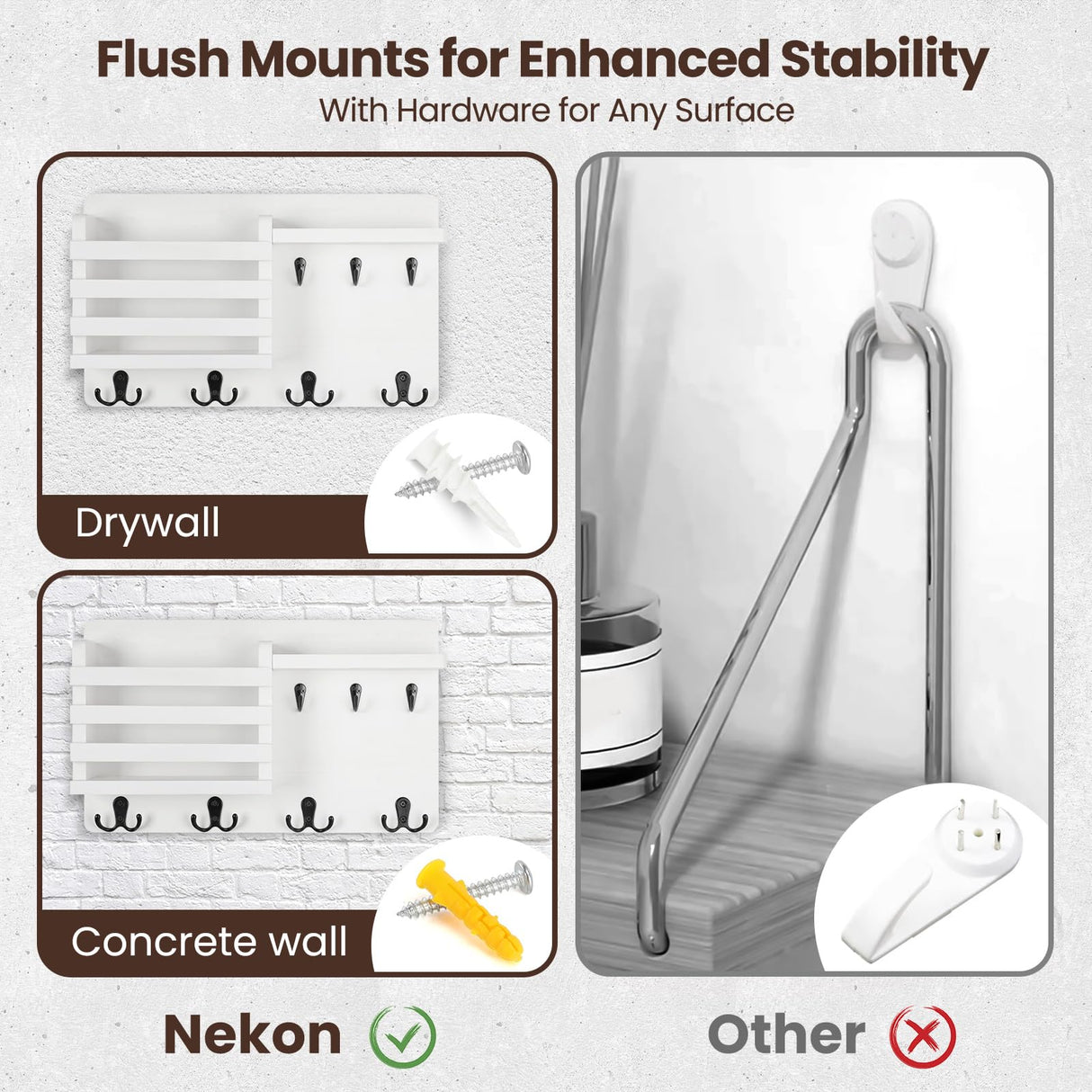 Nekon Mail Holder for Wall Mail Organizer with Key Hooks Hallway Farmhouse Decor Letter Sorter Made of Natural Wood with Floating Shelf and Flush Mount Hardware (16.8Inch x 10Inch x 3.2Inch) Nekon