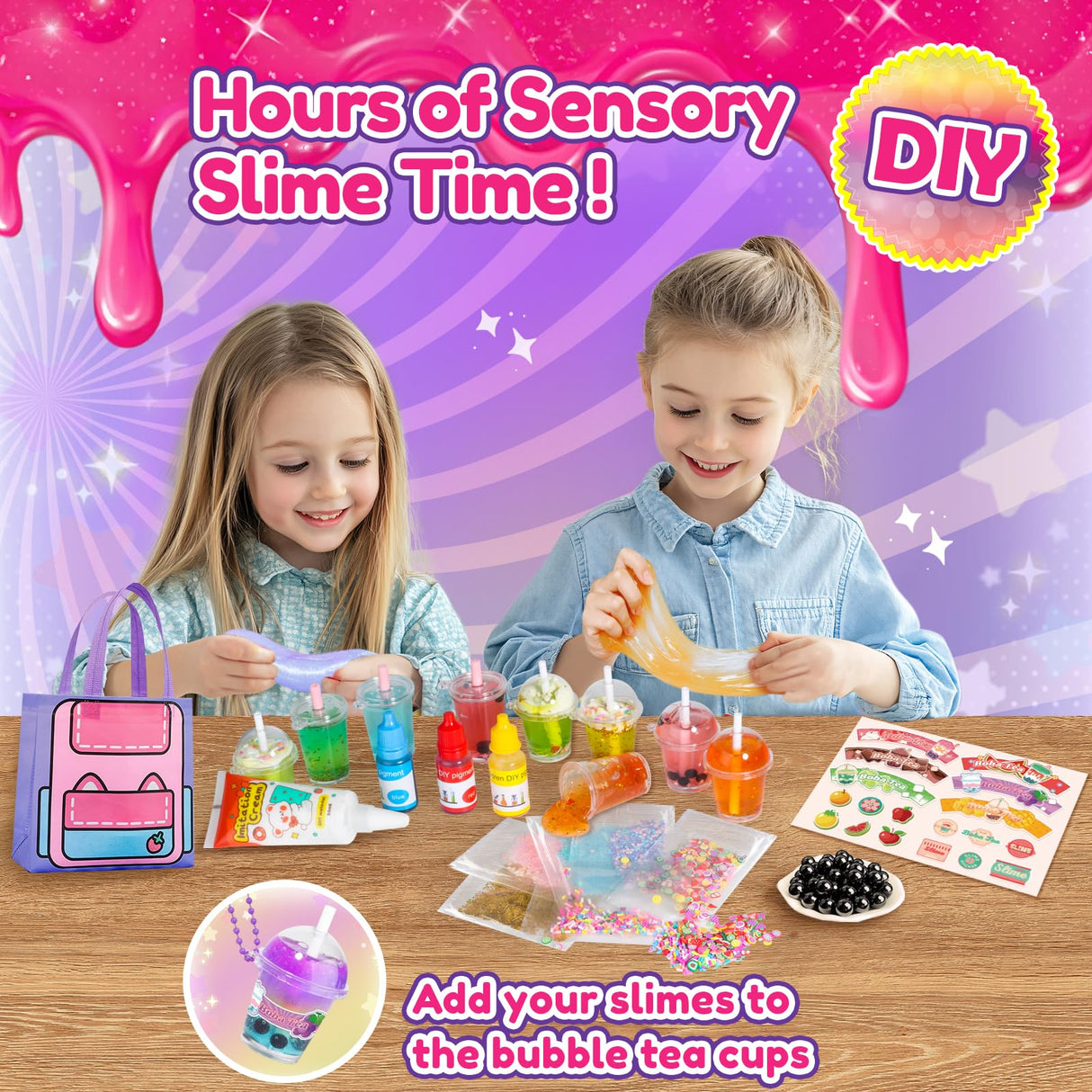 Trubic 46PCS Slime Boba Tea Making Kit for Girls Ages 8-12, DIY Pretend Play Food Toys, Bubble Tea Cups, Bag, Clear Slime, Add-ins, Making Miniature Food, Party Favors for Kids 6 7 9 10 11 Trubic