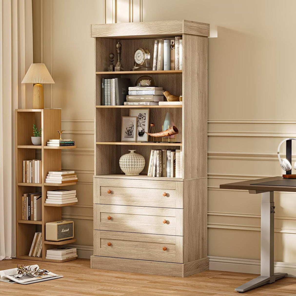 Vyre 71" Tall Farmhouse Bookshelves with Drawers, Set of 3 – Large Modular Bookcase with Adjustable Shelves, Storage Cabinet for Living Room, Kitchen, Home Office, Brown Vyre