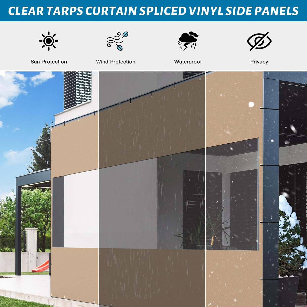 Domi Outdoor Clear Panel Curtain, 18 Oz Vinyl Curtains Weatherproof with Rustproof Grommets, Transparent Heavy Duty PVC Tarp Cover for Gazebo, Pergola, Patio Winter Protection(8'H x 16'W, Brown) domi outdoor living