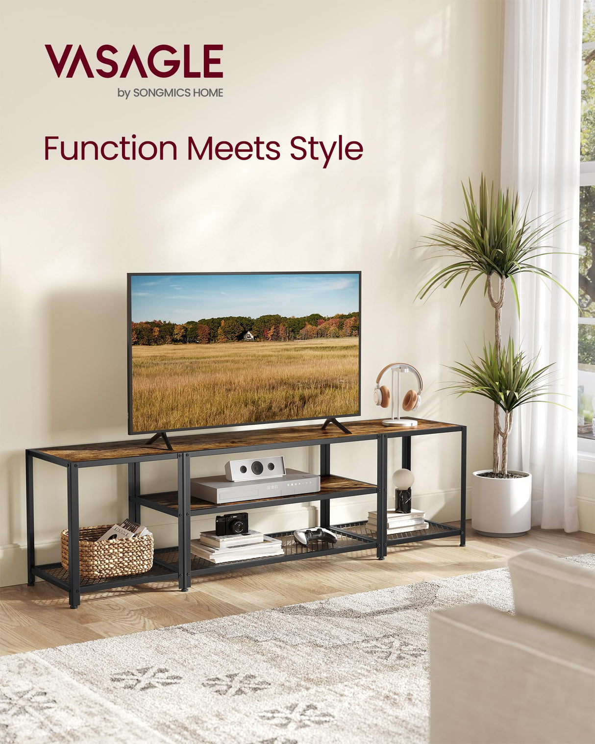 VASAGLE Modern TV Stand for TVs up to 75 Inches, 3-Tier Entertainment Center, Industrial TV Console Table with Open Storage Shelves, for Living Room, Bedroom, Rustic Brown and Black ULTV098B01 VASAGLE