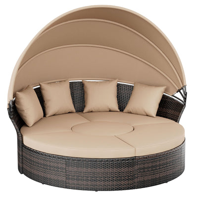 Crownland Round Outdoor Daybed with Retractable Canopy,Patio Daybed with Washable Cushions, Clamshell Sectional Seating, Wicker Furniture for Patio, Garden, Pool (Light Brown)