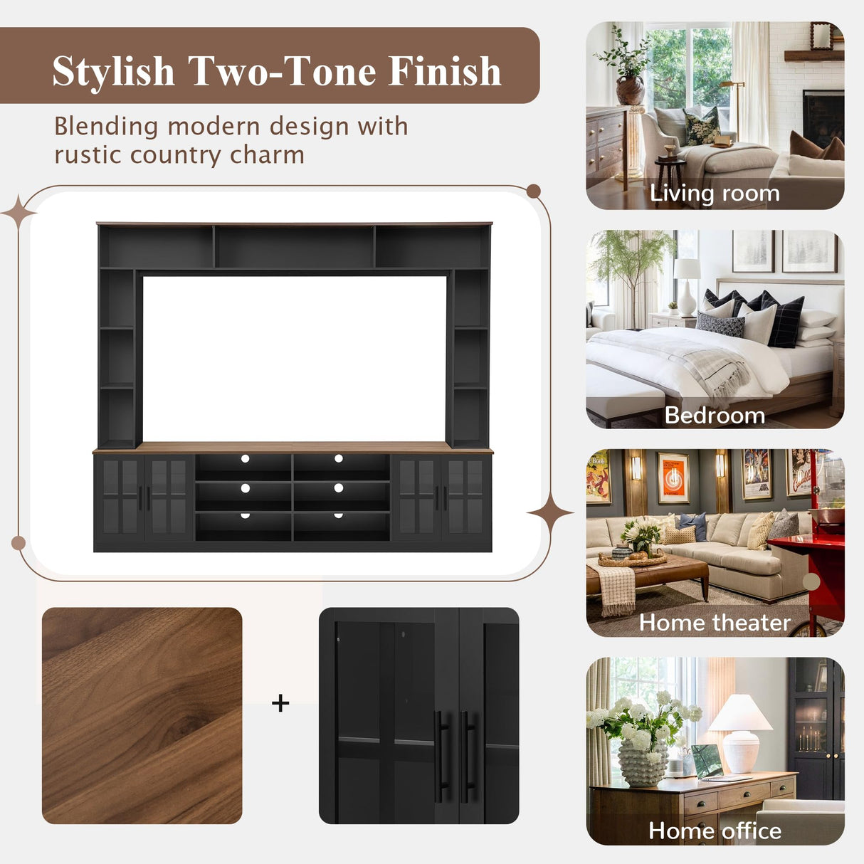 Oevsld Modern Entertainment Center with Bookshelves & Storage Cabinets - TV Stand for 80" TVs, Media Console with Adjustable Shelves & Cable Management - White/Black (Black +MDF+ Glass +60-69 inches) Oevsld