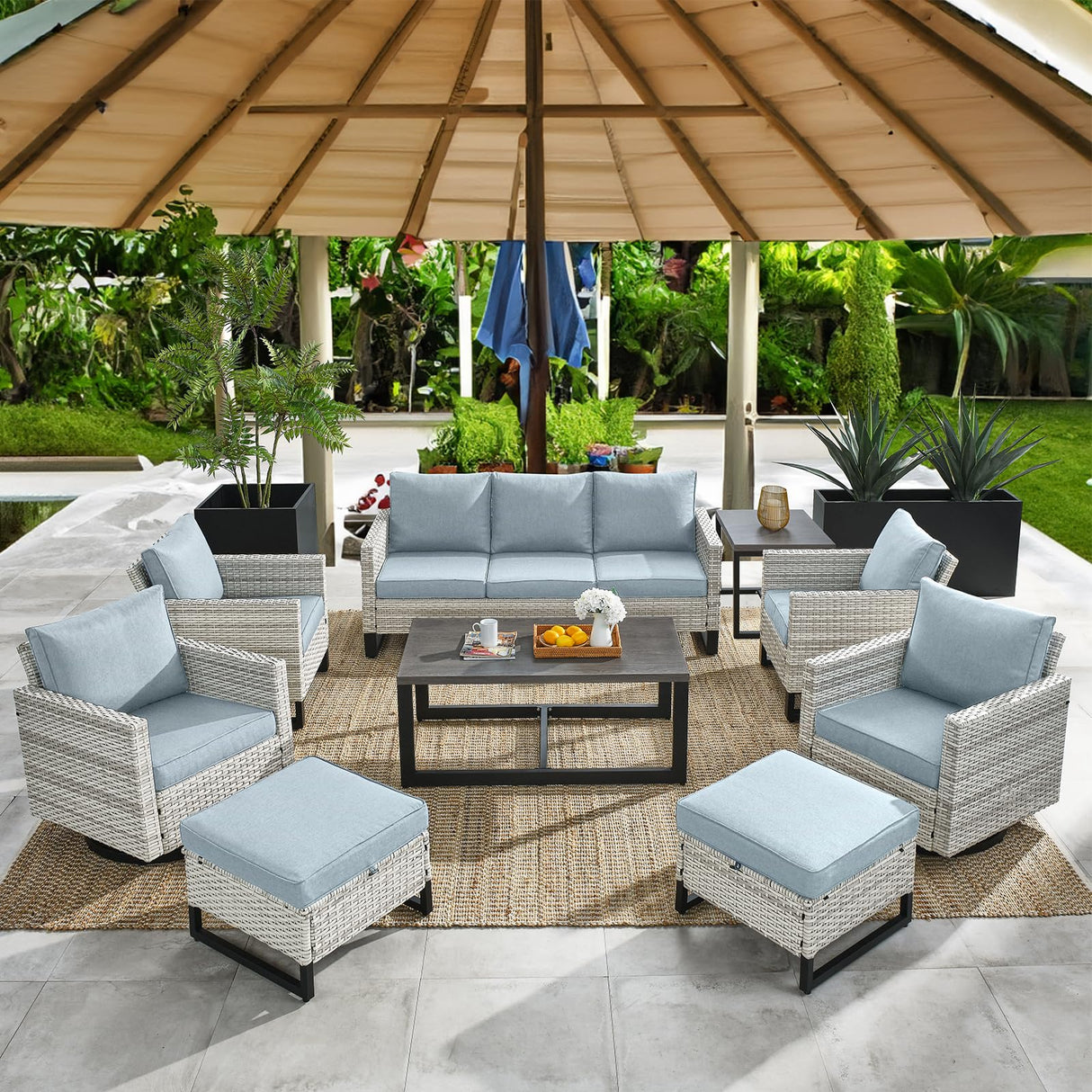 HUMMUH 9 Piece Patio Furniture Set All Weather PE Wicker Outdoor Sofa,Patio Chairs,Swivel Rocker Chairs,Tables for Porch,Garden,Backyard HUMMUH