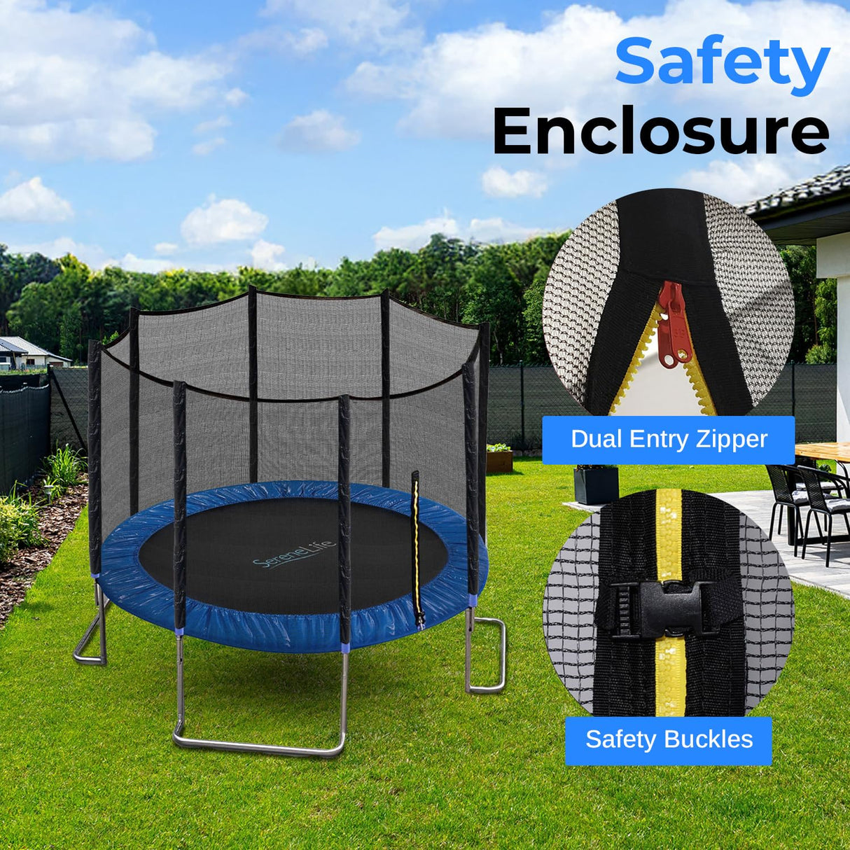 SereneLife 12FT Trampoline Outdoor – Heavy-Duty Backyard Trampoline for Kids and Adults with Wide Jumping Surface, Stable L-Shaped Legs, Safety Net, ASTM Approved, Supports 264 lbs., 144 x 106 IN SereneLife