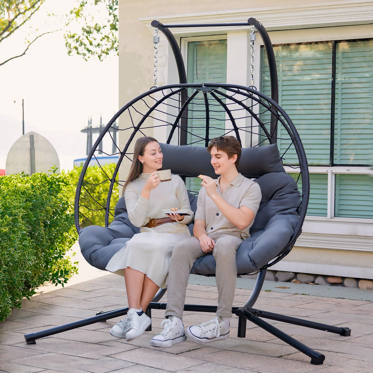 Easyego Double Egg Chair with Stand Hammock Swing Chair 2 Person Outdoor Indoor Hanging Loveseat with UV Resistant Removable Cushion for Patio Living Room-660LBS Capacity, Grey Easyego