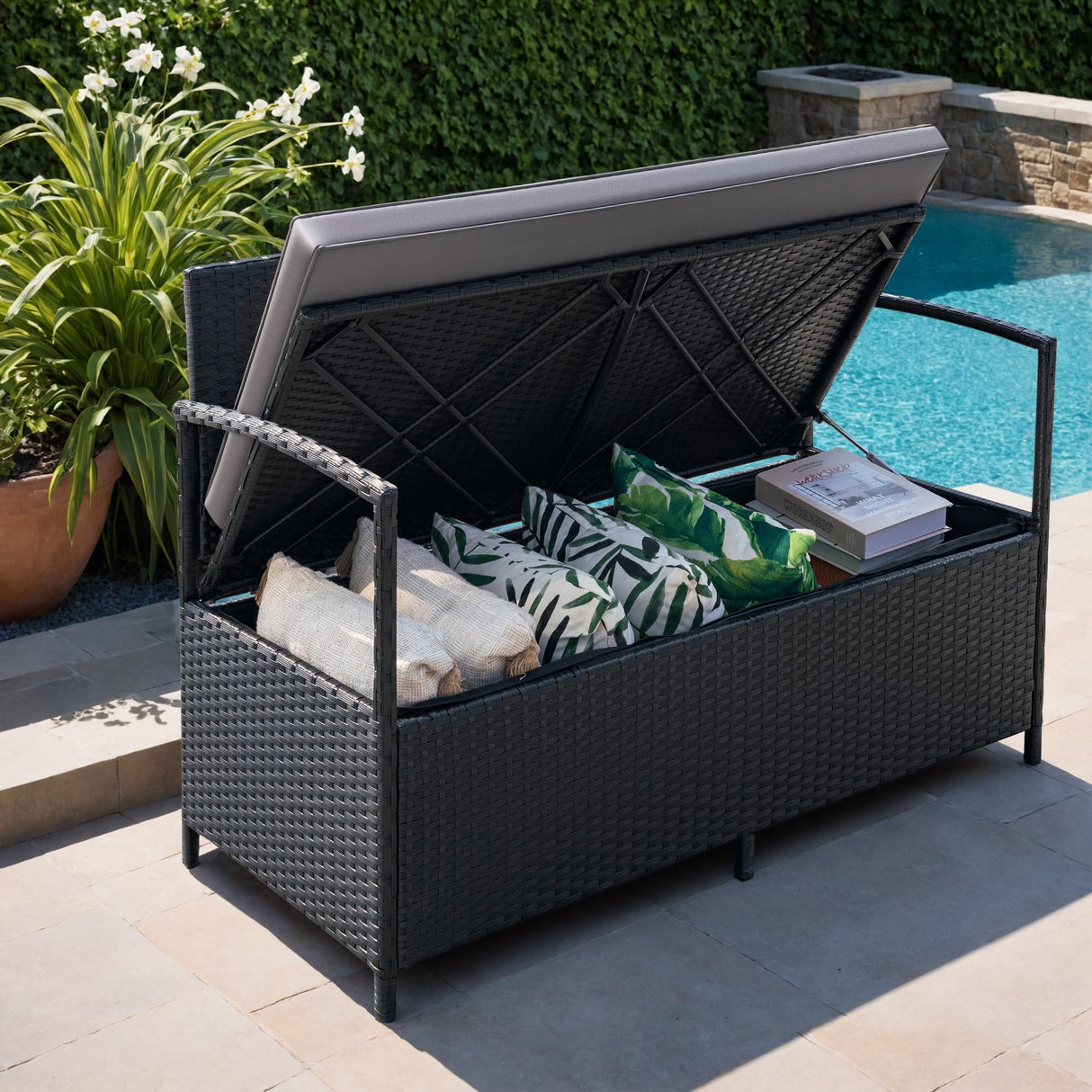 Greesum Patio Loveseat PE Rattan Wicker Outdoor Furniture with Soft Cushions & Built-in Storage Space for Lawn Garden Backyard, Black Greesum