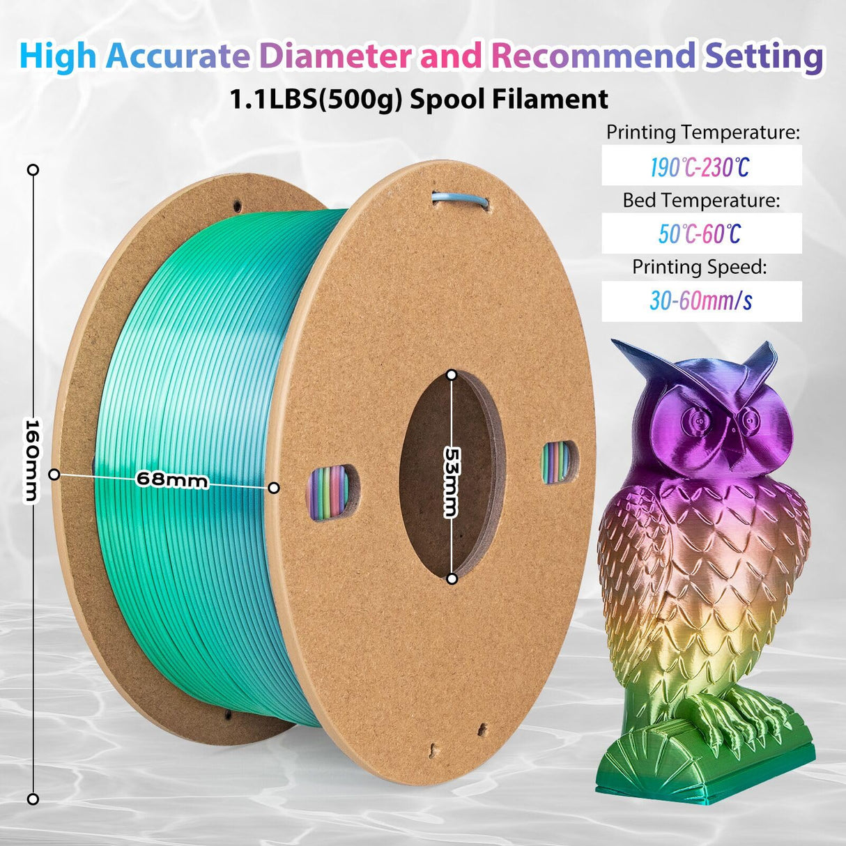 3Dgenius Silk Rainbow PLA Filament 1.75mm Silk PLA 3D Printer Filament Shiny Fast Color Changing Gradient Filament 3D Printing Filament Fit Most FDM Printers, 500g Spool(1.1lbs), Candy Series 3Dgenius