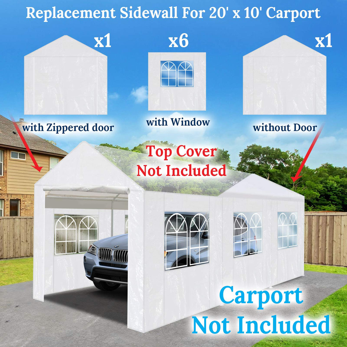 BenefitUSA Replacement Carport Sidewall for 10x20 Tent Garage, Replacement Kit Enclosed Panels (Side Wall Only) BenefitUSA