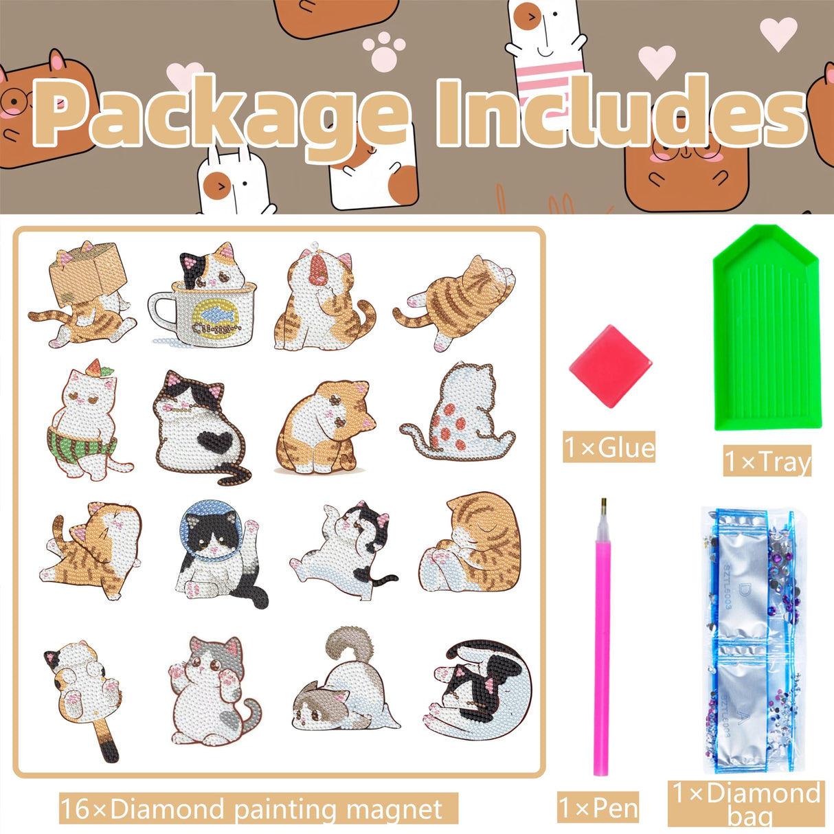 16 Pcs Cat Diamond Painting Magnets Kits Diamond Art Fridge Magnet Refrigerator Sticker Diamond Painting kit for Beginners Adults DIY Art Craft Gifts Home Decors (cat) Bulerrylulu