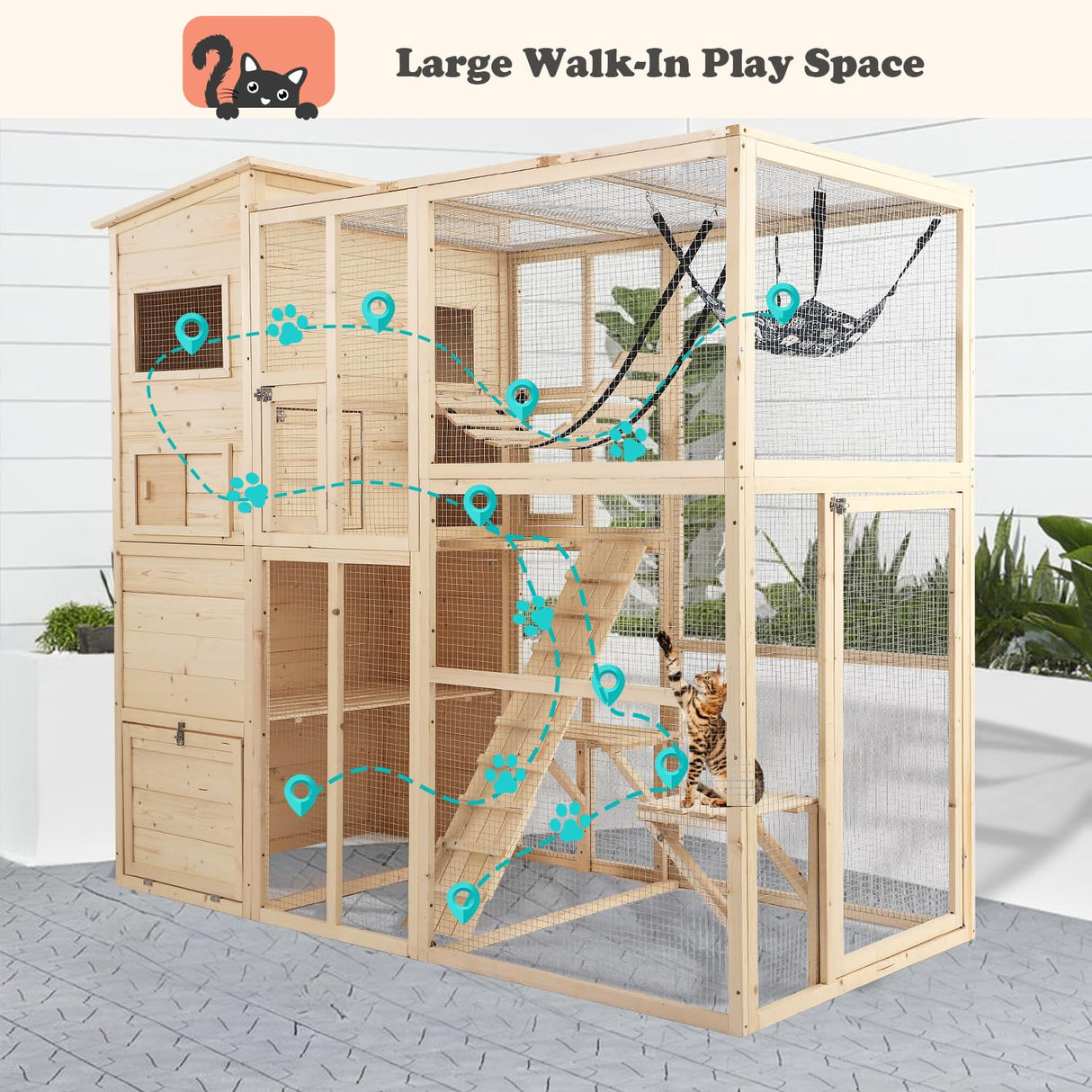 QUYZE Catio Outdoor Cat Enclosure, Large Outdoor Cat House for Mulitiple Cats, 4 Tiers Walk in Catio for Cats Outdoor Patio, 4 Tiers Cat Houses with Weatherproof Roof, Hanging Hammock, Bridge QUYZE