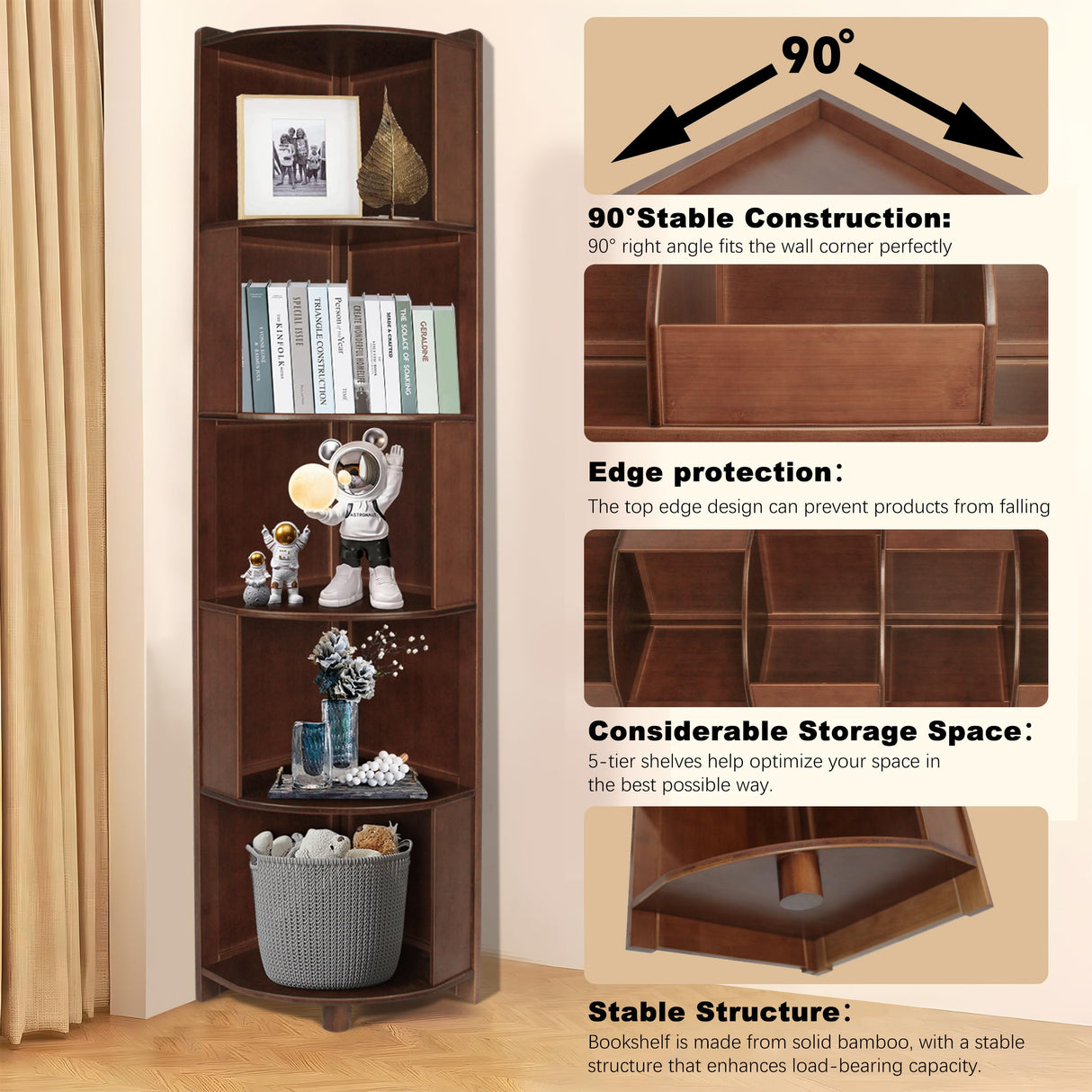 DOUSY-5 Tier Bamboo Corner Shelf, Mid Century Modern Corner Bookshelf, 69" Tall Stylish Bookcase Display Rack Plant Stand for Living Room, Bedroom, Home Office, Kitchen, Walnut DOUSY