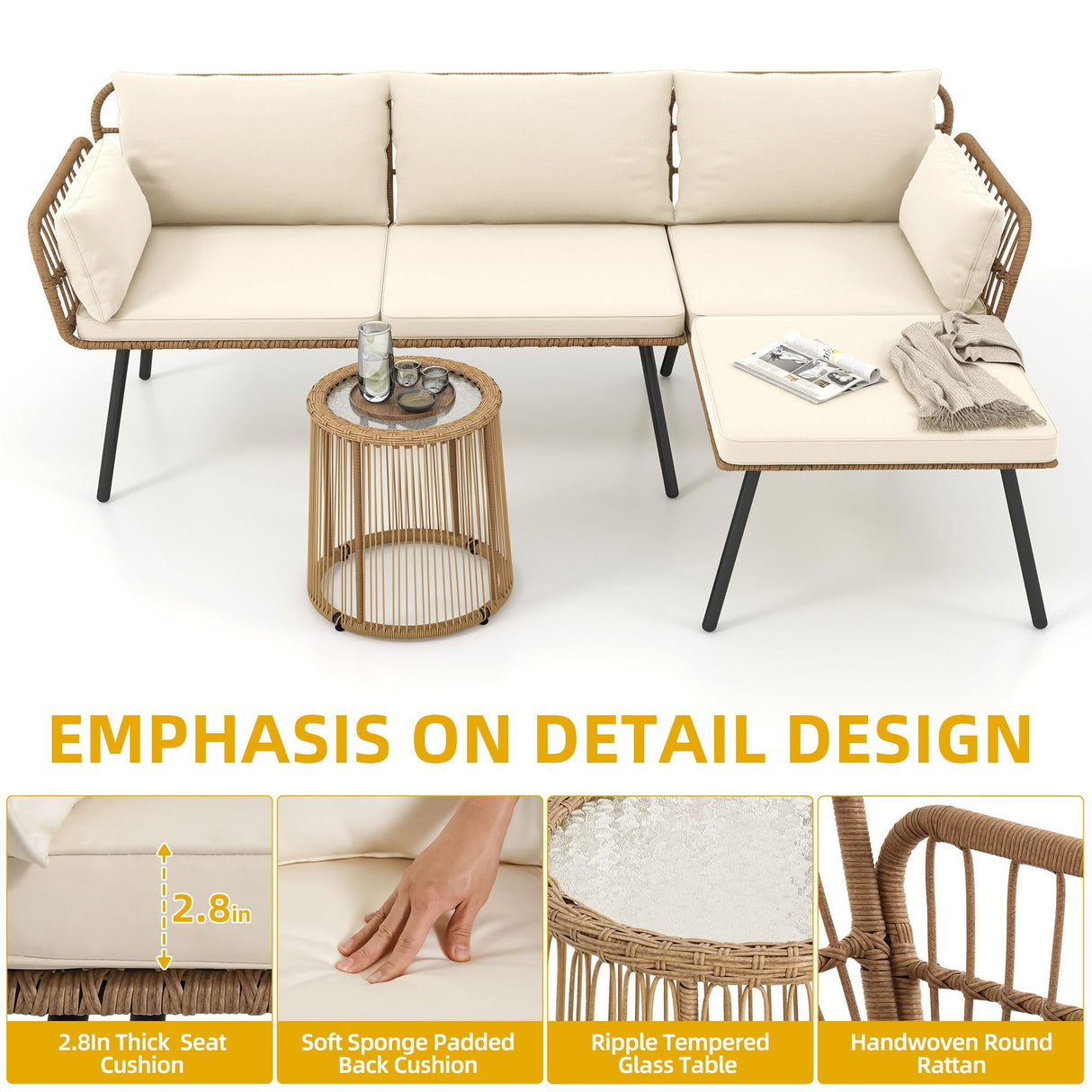 DWVO 3 Pieces Patio Furniture Set, Wicker Conversation Sectional Sofa, L-Shaped Sofa with 4 Seater for Backyard, Porch, Boho Detachable Lounger with Cushions and Coffee Table - Beige DWVO