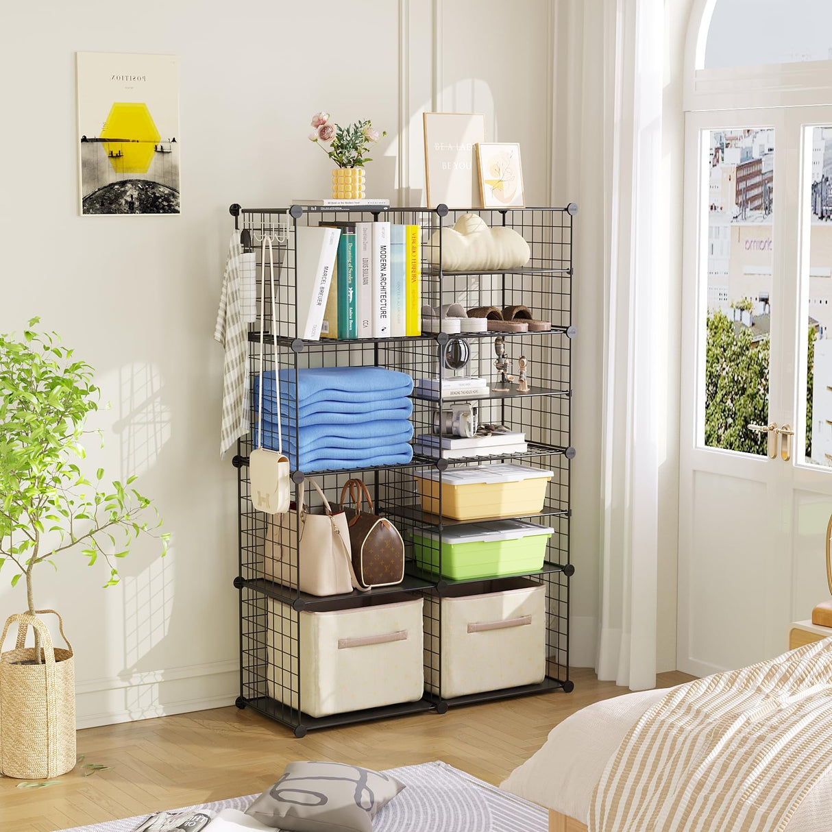 C&AHOME Wire Cube Storage Unit, Interlocking Metal Wire Organizer with Divider Design, Modular Cabinet with Plastic Panels, Bookshelf Stackable Closet Organizer with Small Hooks, Black UWCSIM08B C&AHOME