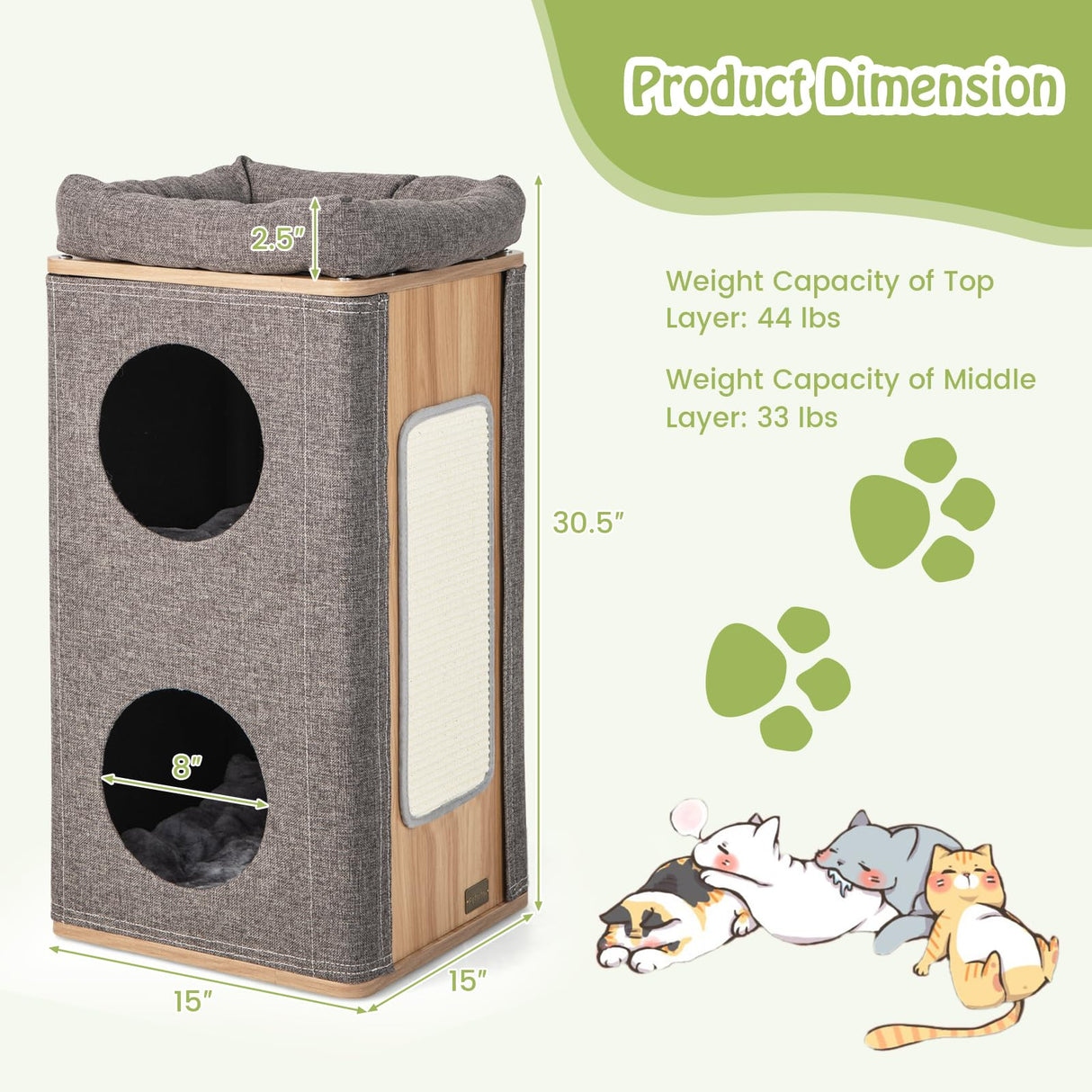 Tangkula 3-Story Cat Tree Condo, Wooden Cat House with Scratching Board, 2 Hideaways & Removable Soft Top Plush Bed, Modern Barrel-Shaped Cat Tower Furniture for Indoor Cats (Grey) Tangkula