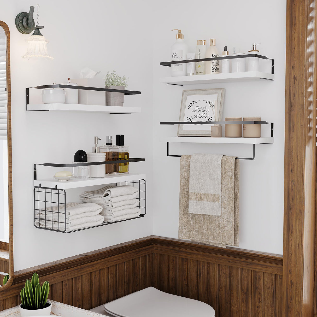 White Wood Floating Shelves Wall Mounted - 3+1 Tier Rustic Bathroom Wall Shelves Over Toilet with Wire Storage Basket and Towel Bar, set of 4 Farmhouse Floating Shelf for Bathroom, Kitchen, Bedroom. LUDORU