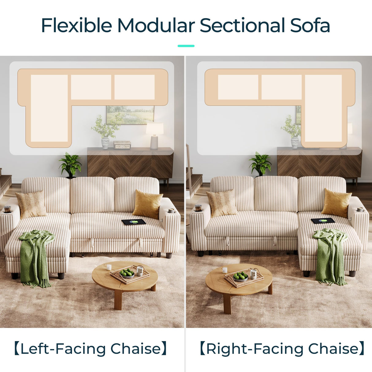 LINSY HOME Sectional Sleeper Sofa with Pull Out Couch Bed - Convertible Plush Corduroy Cloud Couch with Storage Chaise & USB Charging, Comfy L Shaped Modular Couches for Living Room Apartment, Beige LINSY HOME