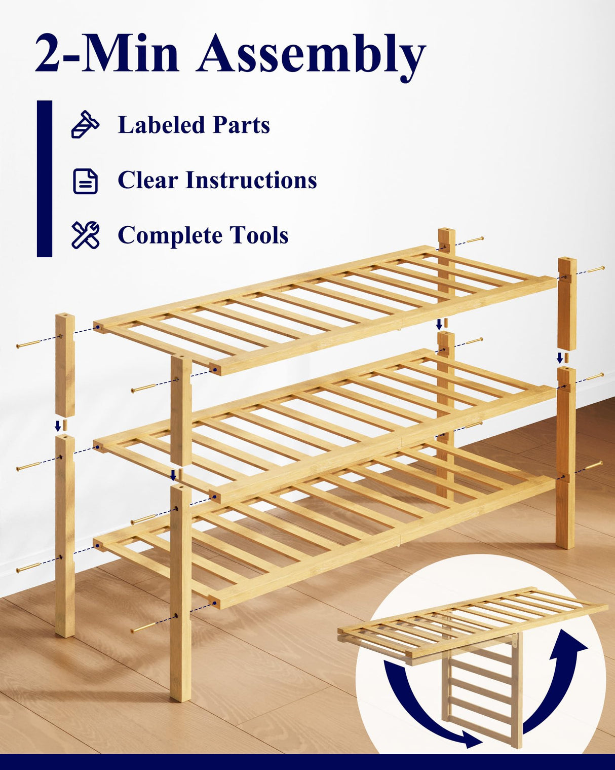 Kitsure Bamboo Wooden Shoe Rack for Closet - Stackable Shoe Organizer with Modular Structure, Space-Saving Shoe Shelf for Entryway, Living Room, Bedroom, 26.8" x 11" x 18.9", Natural Kitsure