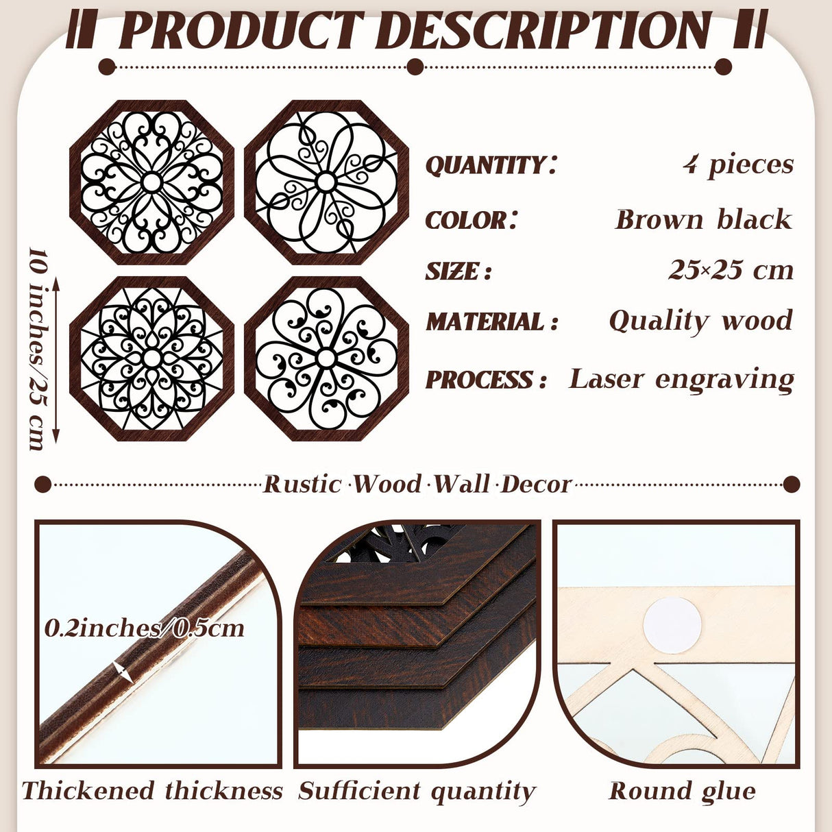 4 Pieces Thicken Rustic Wall Decor Modern Farmhouse Wall Art Decor Wooden Hollow Carved Design Rustic Wall Art for Living Room Bedroom Hallway Decor Office Kitchen Wall Decoration (Vivid Style) Yulejo