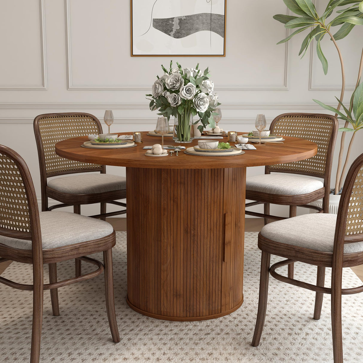 weselon 47 inch Round Dining Table for 4, Kitchen Table Dinner Table with 2-Layer Storage Shelf and Wood Slide Door for Home Dining Room Living Room (Walnut) weselon