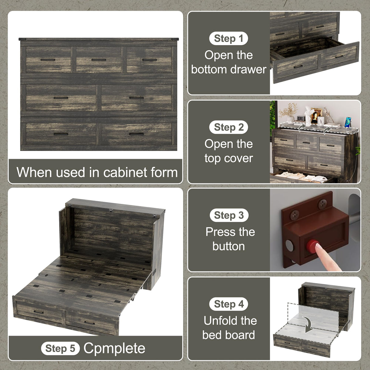 Bellemave Queen Murphy Bed, Cabinet Bed with Charging Station and 1 Large Storage Drawer, Farmhouse Murphy Cabinet with Foldable Panel, Noisy Free, for Guest Bedroom, Living Room, Rustic Gray Bellemave