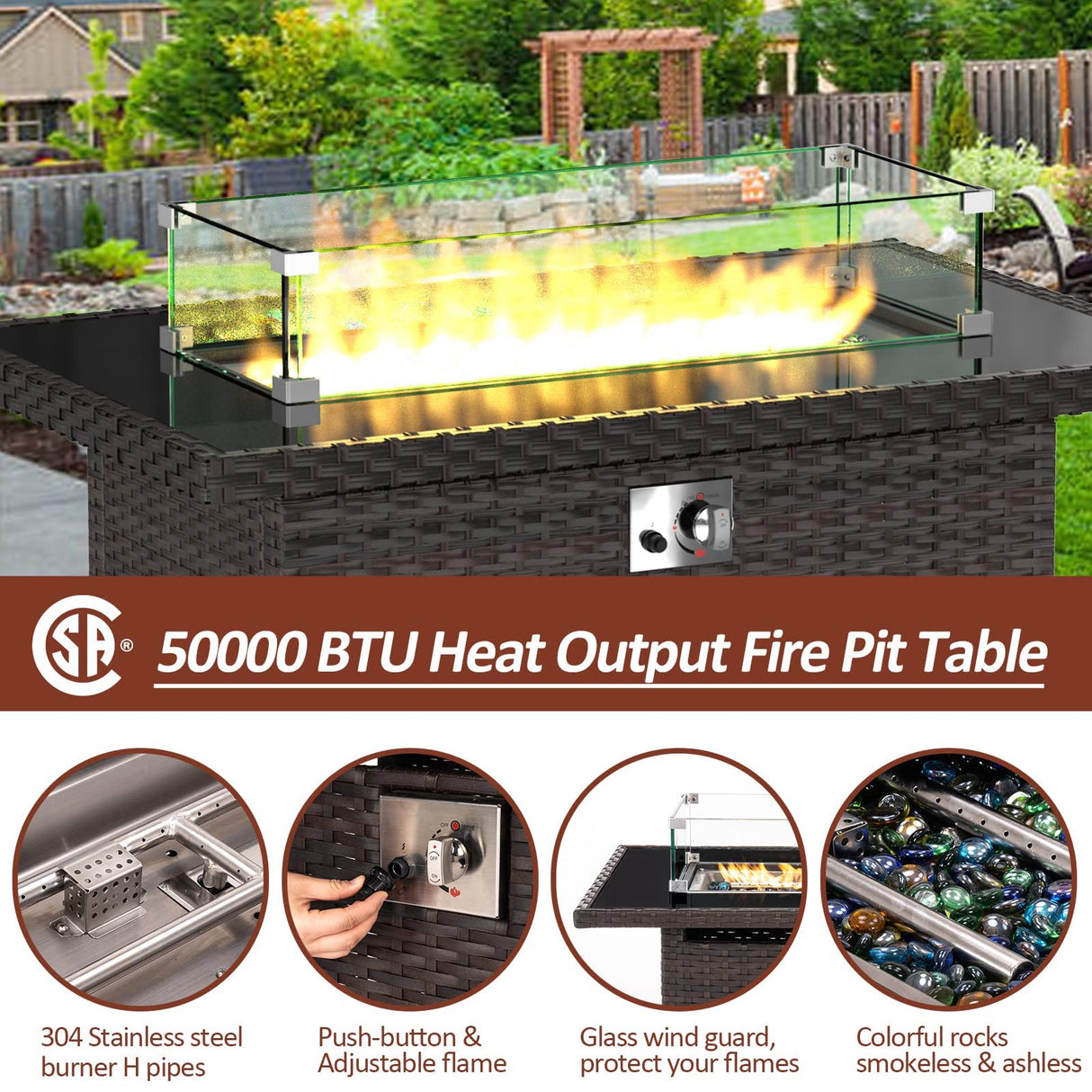 Amopatio Outdoor Patio Furniture Set with Gas Fire Pit Table, 15 Pieces Patio PE Wicker Pit Sectional Sofa, 44" Glass Gas Fire Patio Sectional Furniture with Burgundy Cushions, Coffee Tables, Covers Amopatio