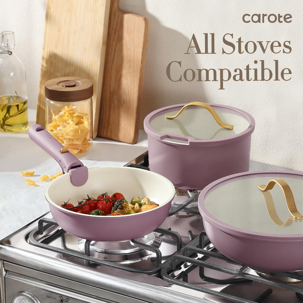 CAROTE 19pcs Pots and Pans Set, Nonstick Cookware Set Detachable Handle, Induction Kitchen Cookware Sets Non Stick with Removable Handle, RV Cookware Set, Gold and Purple CAROTE