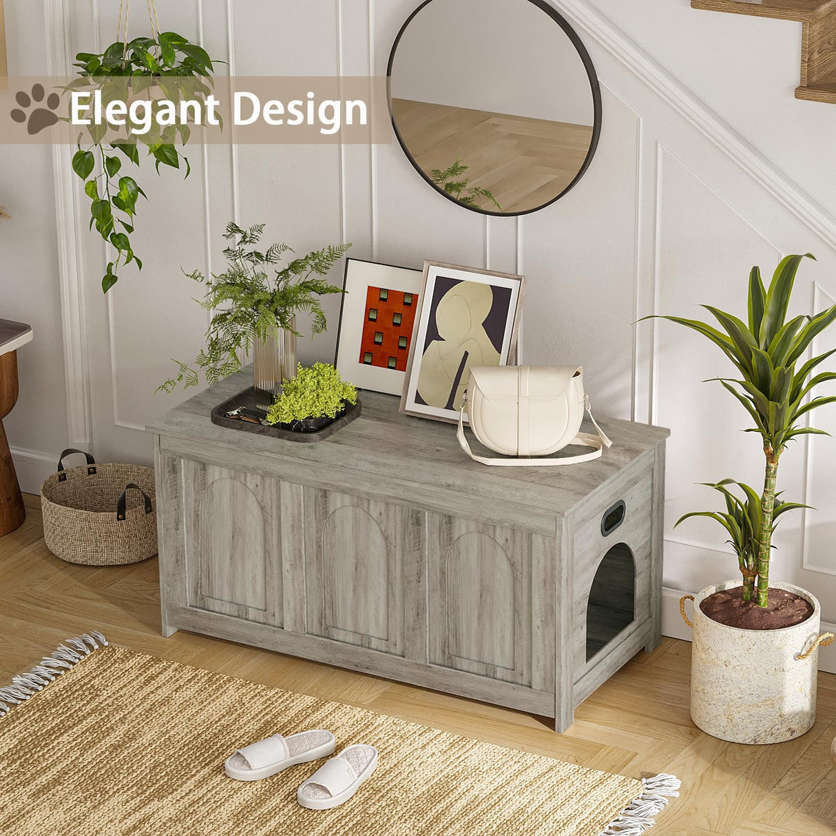 DINZI LVJ Cat Litter Box Enclosure, Flip Top Litter Box Furniture, Farmhouse Hidden Cat Washroom, Wooden Pet House, End Side Table, 39.4" L x 19.7" W x 19.7" H, Sturdy and Easy to Assemble, Gray Wash DINZI LVJ