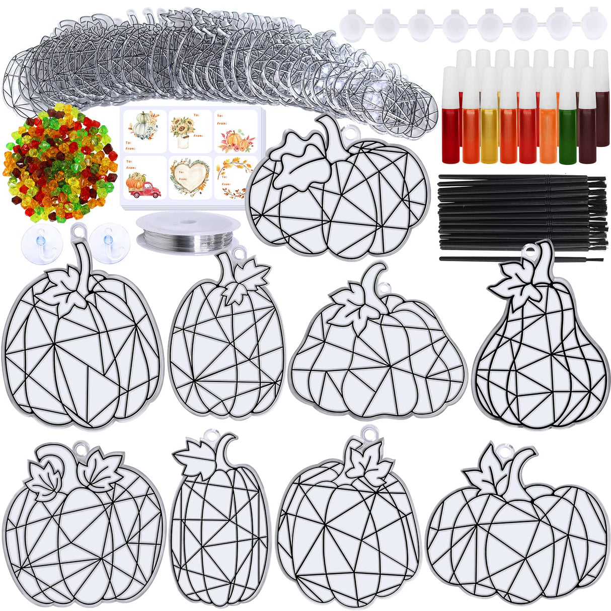 Winlyn 27 Sets Pumpkin Suncatchers DIY Window Paint Art Suncatchers Fall Pumpkin Craft Kits Autumn Pumpkin Sun Catchers for Kids Classroom Halloween Thanksgiving Art Activities Winlyn
