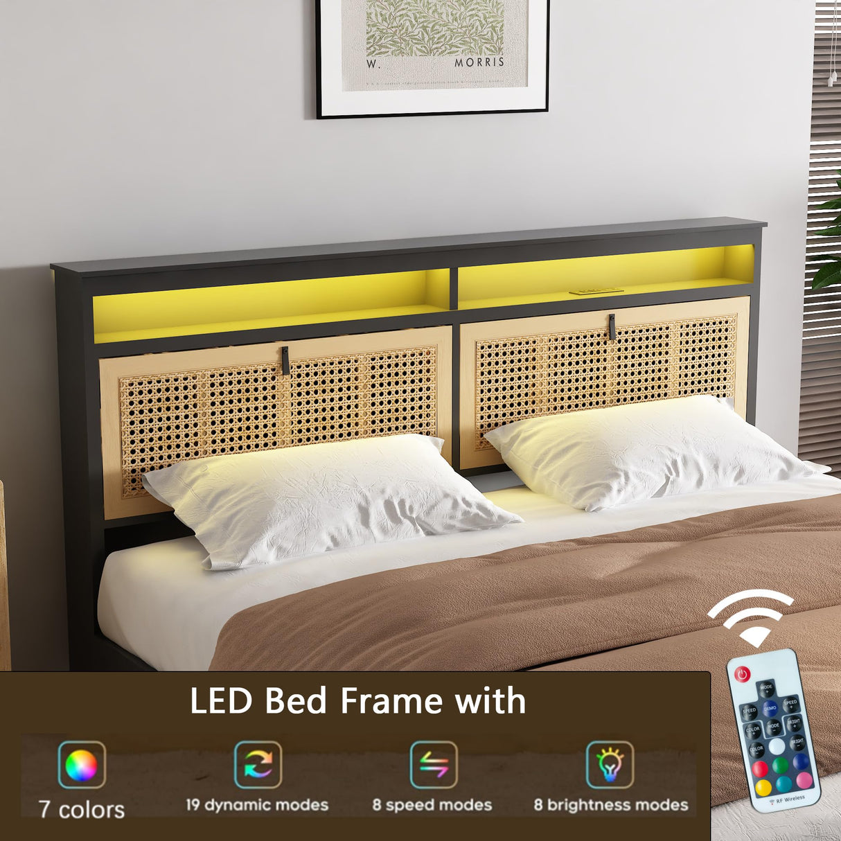 affeivul Boho Bed Frame Queen Size with Headboard, Rattan Bed Frame with Led Lights, Farmhouse Bed Frame with Storage, Charging Station and Cat Cabinet, NO Box Spring Needed, Metal and Wood Combine affeivul