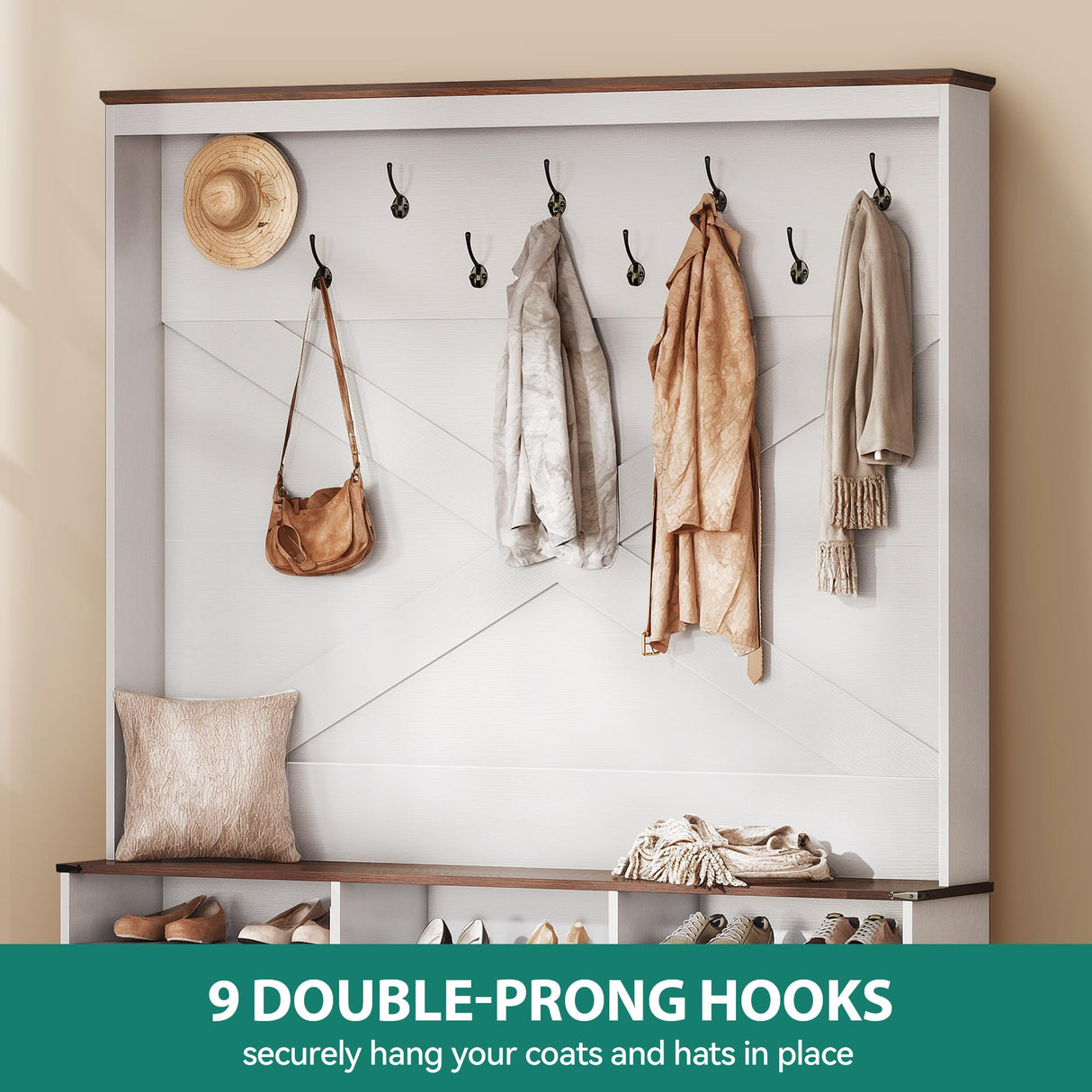 YITAHOME Hall Tree with Bench and Shoe Storage, Mudroom Storage Modern Shoe Cabinet with Bench & 9 Double Prong Hooks, for Entryway & Living Room, Walnut & Off-White YITAHOME