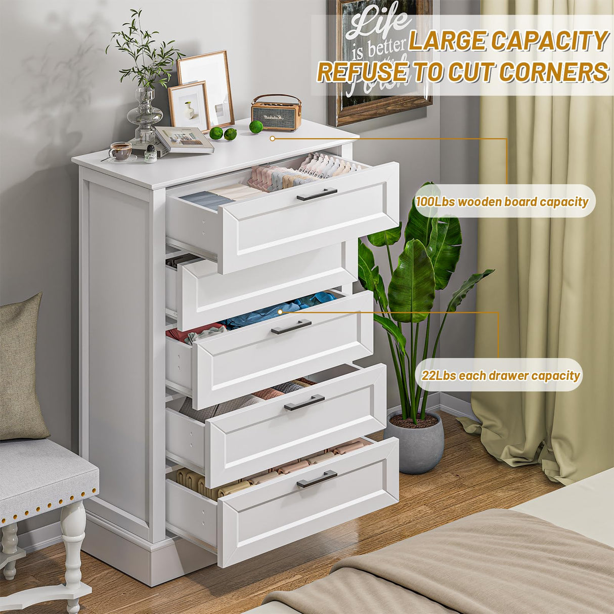 ZLWJGY White Dresser for Bedroom, Wood Dresser with 5 Drawers, Chest of Drawer for Bedroom Living Room Entryway Hallway, Modern Farmhouse Style Black Handles 47" Tall ZLWJGY