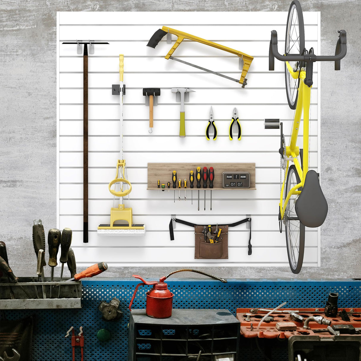 Neoaider Slatwall Panel 4 FT x 4 FT, Interlocking Slat Wall Paneling, Wall Mounted PVC Wallpanel, Suitable for Garage Storage and Organizer, Slatwall Board, Shelves - White Neoaider