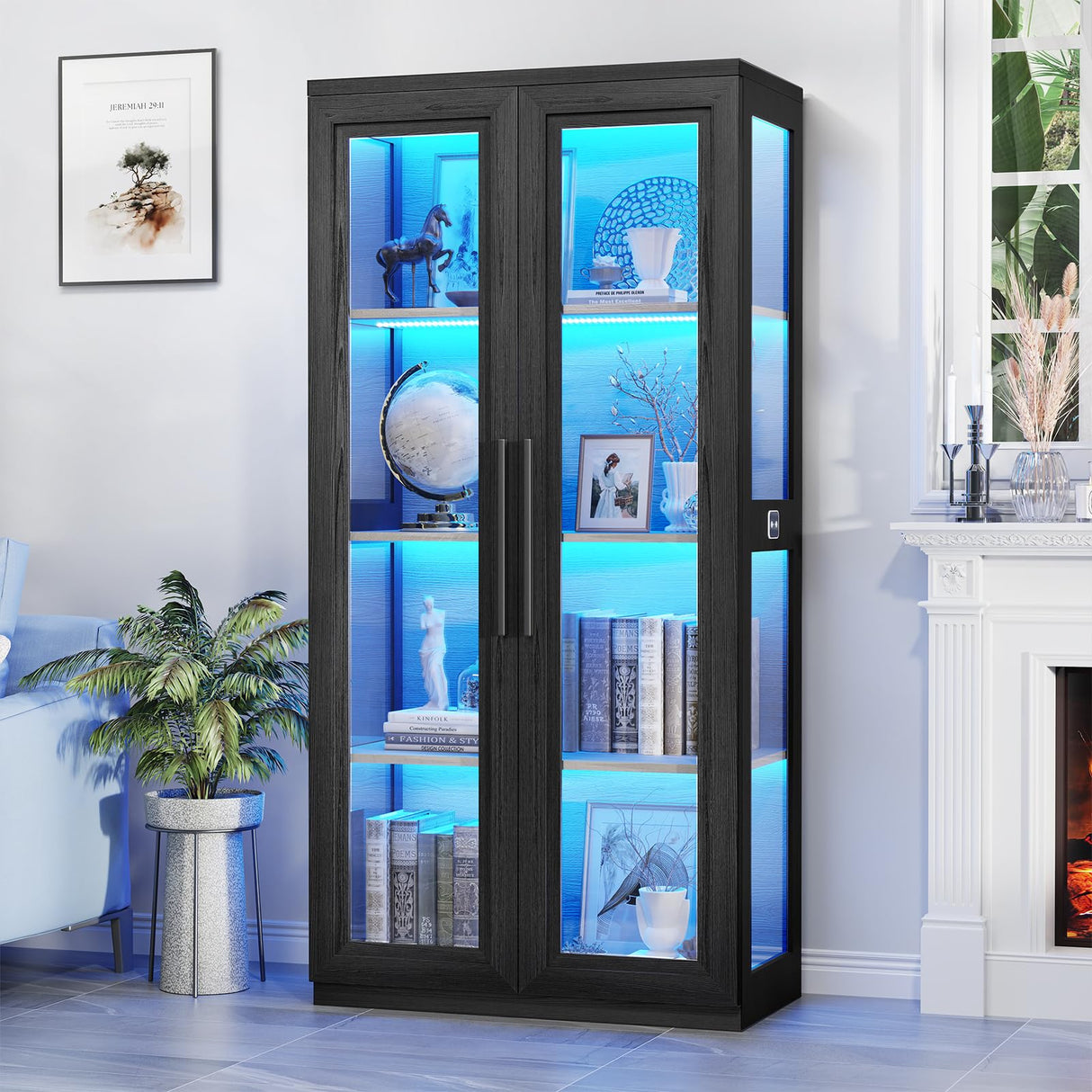 BROTTAR Display Cabinet with Glass Doors, Curio Cabinet with 4 Shelves for Collectibles, Bookcase with 3 Color LED Lights and Human Body Sensing, Glass Storage Cabinet with Buffer Hinge, Black BROTTAR