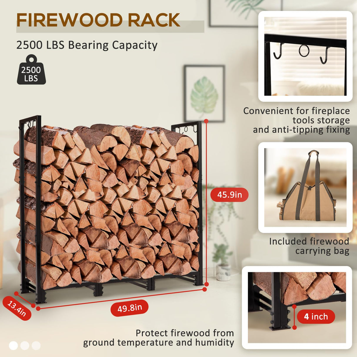 LOENIY 4ft Firewood Rack Outdoor with Waterproof Widened Cover, Heavy Duty Firewood Holder includes Hooks, Powder-coated Wood Rack with Carrier Bag, Firewood Storage Rack for Fireplace Deck Patio LOENIY